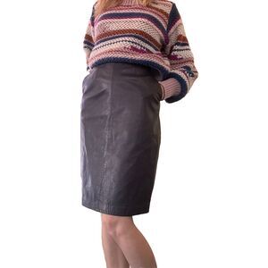 Vintage 90s Chocolate Brown 100% Leather Straight Pencil Knee Skirt Size 12